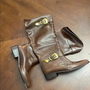Brown Leather Knee-High Boots with Buckles
